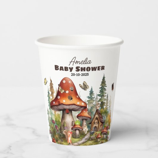 Gobelets En Papier Baby shower de champignons de forêt rustique autom (Verso)