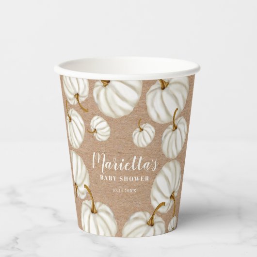 Gobelets En Papier Baby shower de chute blanc Little citrouille (Recto)