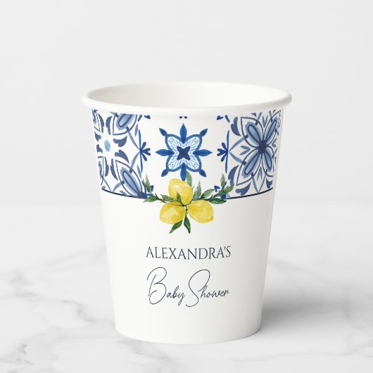 Gobelets En Papier Baby shower de citron bleu italien (Verso)