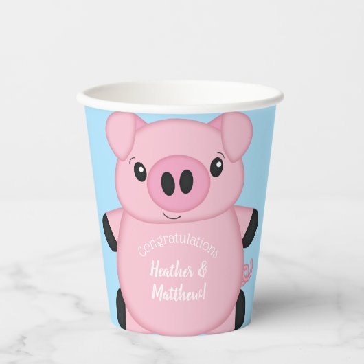 Gobelets En Papier Baby shower de cochon bleu (Recto)