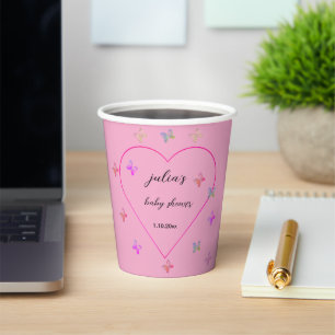 Gobelets En Papier Baby shower de fille papillon de coeur rose