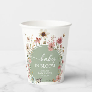 Gobelets En Papier Baby shower de fleurs de bébé vert Sage
