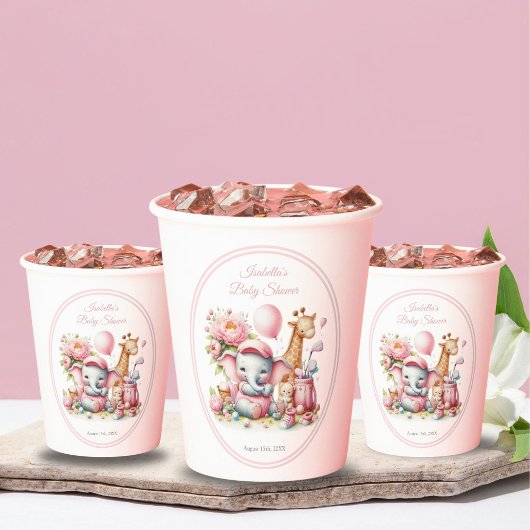 Gobelets En Papier Baby shower de golf Pink Baby Girl Elephant & Gira
