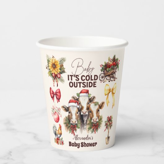 Gobelets En Papier Baby shower de Noël des animaux de ferme d'hiver (Verso)
