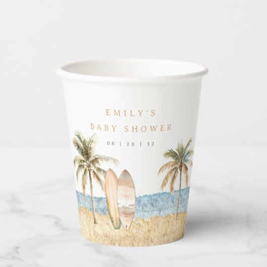 Gobelets En Papier Baby shower de Surf côtier aquarelle (Recto)