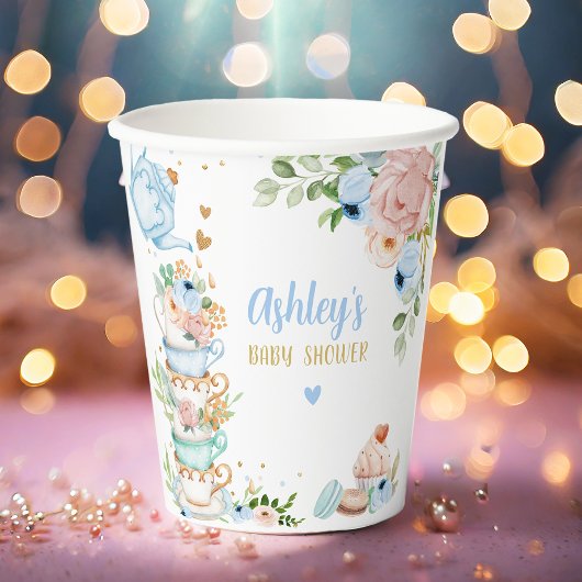 Gobelets En Papier Baby shower de thé Fleur bleue Fille bébé est en t
