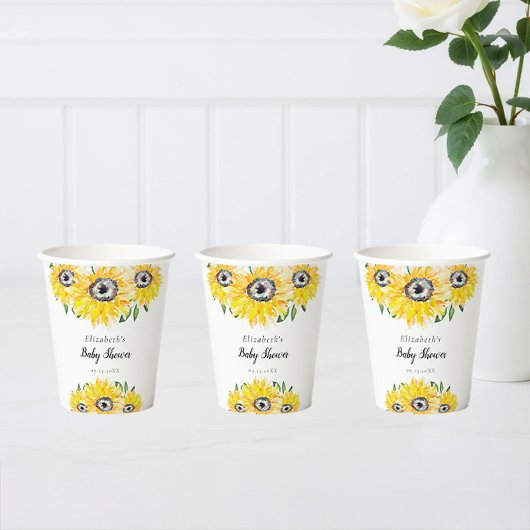 Gobelets En Papier Baby shower de tournesol Floral rustique