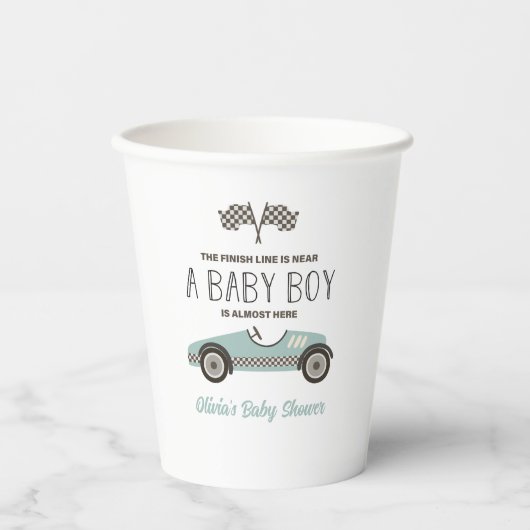 Gobelets En Papier baby shower de voiture de course bleu (Recto)