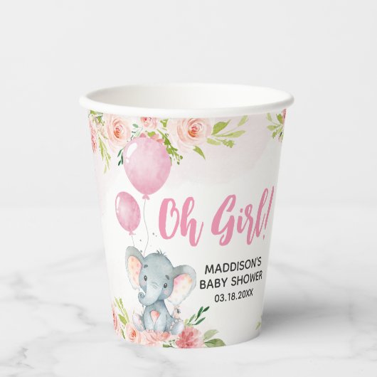 Gobelets En Papier Baby shower d'éléphant rose vif (Recto)