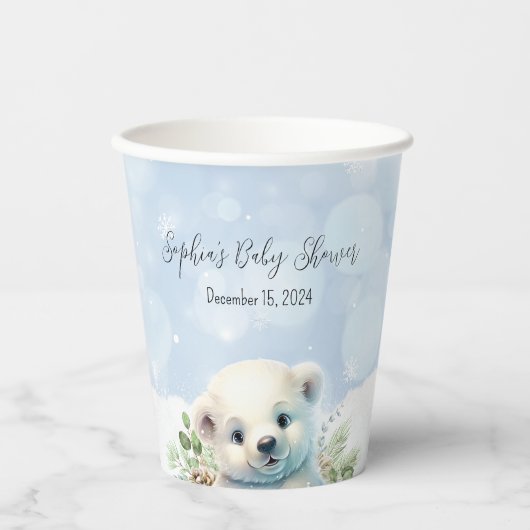 Gobelets En Papier Baby shower d'hiver bleu Ours polaire (Recto)