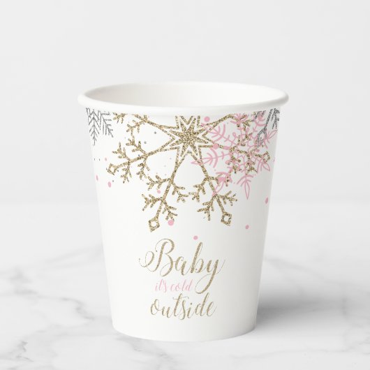Gobelets En Papier Baby shower d'hiver Pink Gold Snowflakes (Recto)