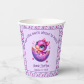 Gobelets En Papier baby shower Dinosaure violet "Hatching Bientôt" (Recto)