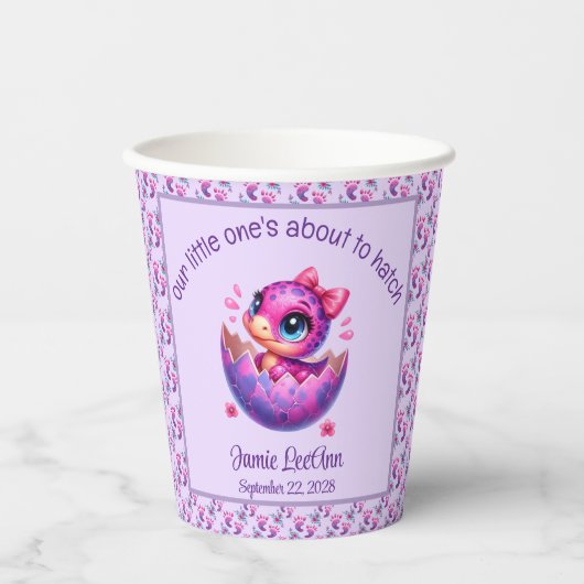 Gobelets En Papier baby shower Dinosaure violet "Hatching Bientôt" (Recto)