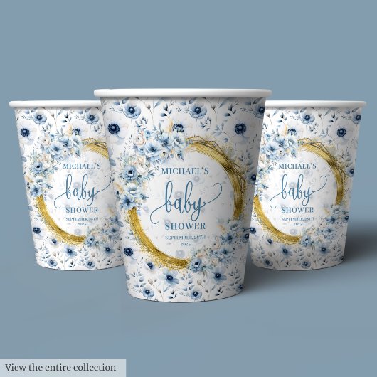 Gobelets En Papier Baby shower doré bleu doux personnalisé