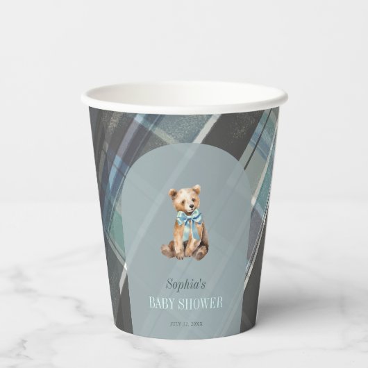 Gobelets En Papier Baby shower d'ours en peluche gris et bleu (Verso)