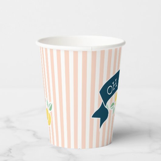 Gobelets En Papier Baby shower en rayures rose jaune citron mignon (Droite)