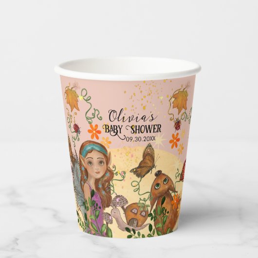 Gobelets En Papier Baby shower Fée d'automne enchanté sur mesure (Recto)
