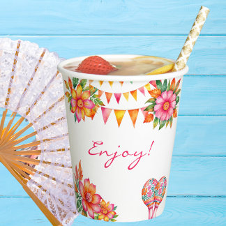 Gobelets En Papier Baby shower Fiesta rose Floral coloré