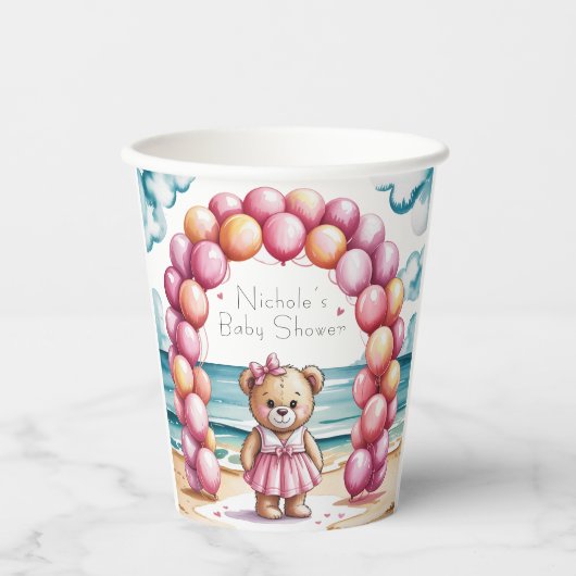 Gobelets En Papier Baby shower Fille Blonde Beachside Teddy Bear (Recto)