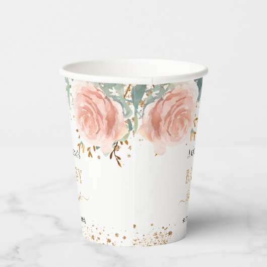 Gobelets En Papier Baby shower fille rose or rose fleuri eucalyptus (Droite)