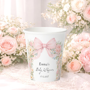Gobelets En Papier Baby Shower Fleurs Rose Pâle Ruban