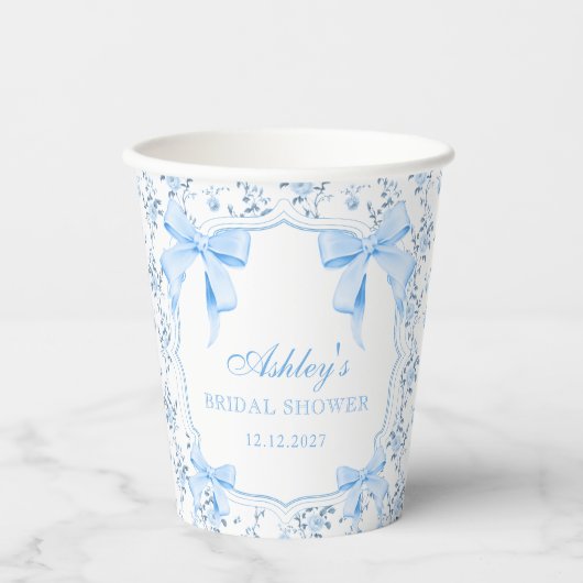 Gobelets En Papier Baby Shower Floral au Ruban Bleu (Recto)