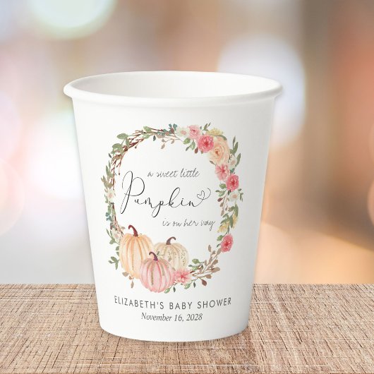 Gobelets En Papier Baby shower Floral Citrouille rose fille
