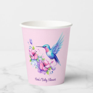 Gobelets En Papier Baby shower floral de colibri rose et pourpre