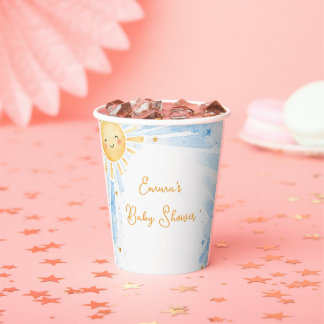 Gobelets En Papier Baby Shower Garçon Bleu & Or Aquarelle