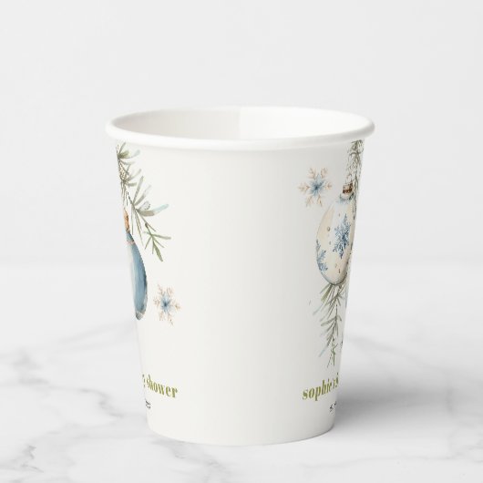 Gobelets En Papier Baby shower Garçon de Noël Bleu Minimal d'hiver (Gauche)