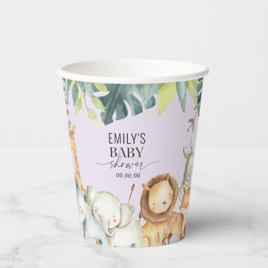 Gobelets En Papier Baby shower jungle mignon pourpre pour bébés anima (Recto)