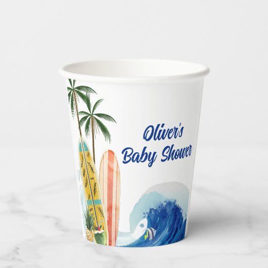 Gobelets En Papier Baby shower moderne Blue Ocean Wave Surboard (Verso)