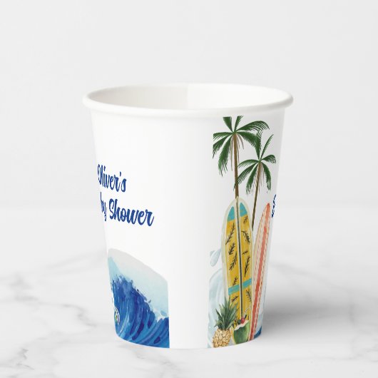 Gobelets En Papier Baby shower moderne Blue Ocean Wave Surboard (Gauche)