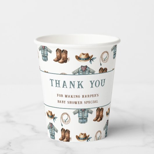 Gobelets En Papier Baby shower Motif Cowboy personnalisé (Verso)