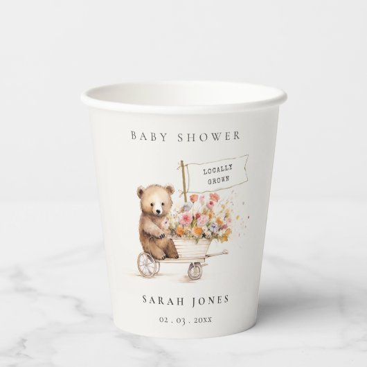 Gobelets En Papier Baby shower Panier Floral Teddy Cute Localement Cu (Verso)