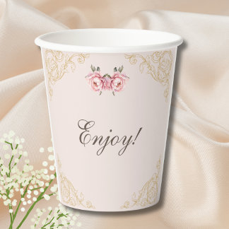 Gobelets En Papier Baby shower Rococo Peony aux fleurs roses