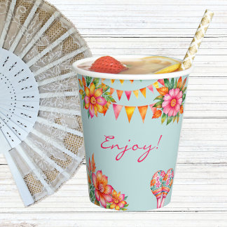 Gobelets En Papier Baby shower rose floral bleu Fiesta