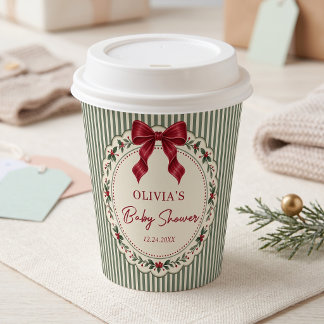Gobelets En Papier Baby-Shower Thème Noël Hiver Rayure Verte