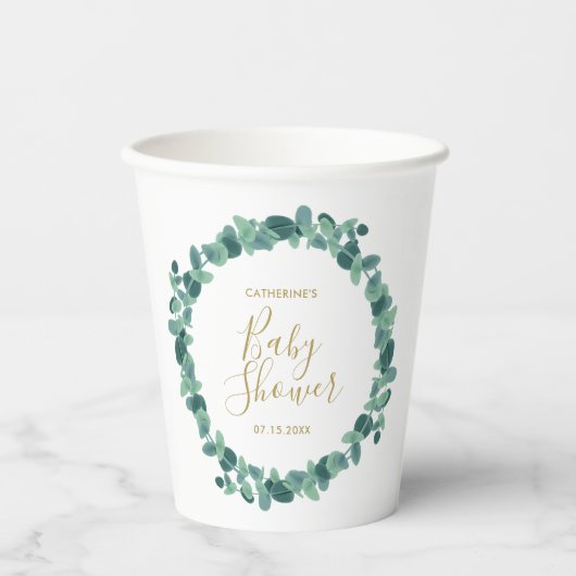 Gobelets En Papier Baby shower vert Eucalyptus (Recto)