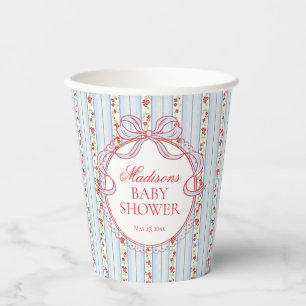 Gobelets En Papier Baby Shower Vintage Fleurs Bleu et Rouge