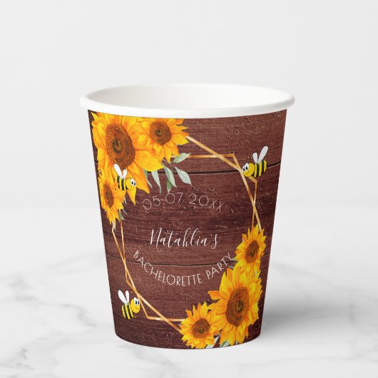 Gobelets En Papier Bachelorette fête tournesol bois rustique brun (Recto)