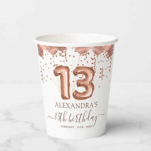 Gobelets En Papier Ballons d'or rose 13e fête d'anniversaire (Verso)