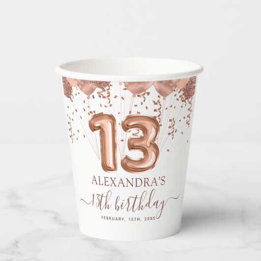 Gobelets En Papier Ballons d'or rose 13e fête d'anniversaire (Recto)