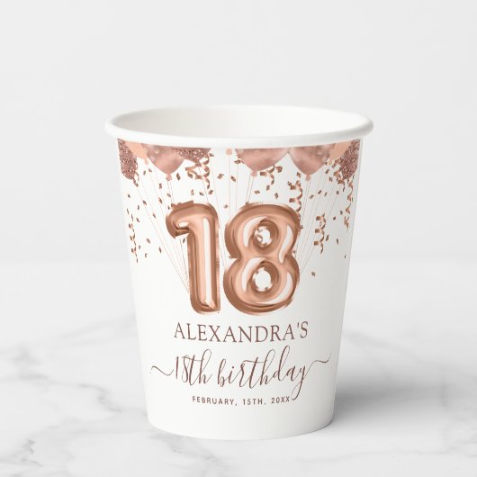 Gobelets En Papier Ballons d'or rose 18ème anniversaire (Verso)