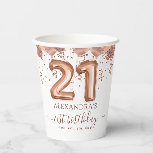 Gobelets En Papier Ballons d'or rose 21e fête d'anniversaire (Recto)