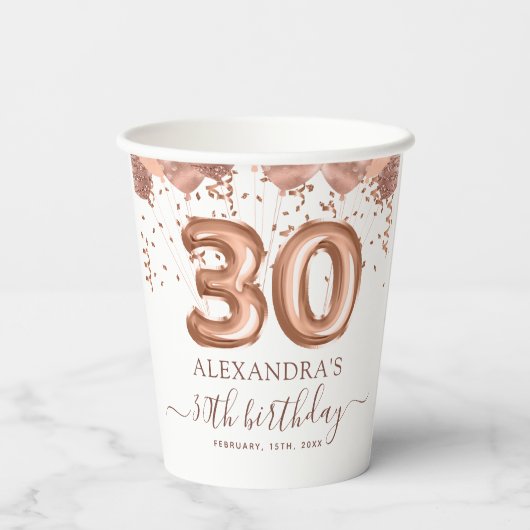 Gobelets En Papier Ballons d'or rose 30e fête d'anniversaire (Verso)