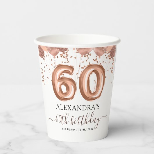 Gobelets En Papier Ballons d'or rose 60e fête d'anniversaire (Verso)