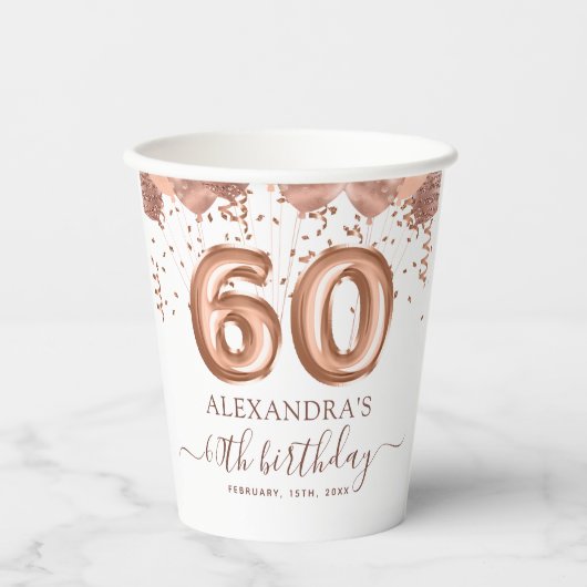Gobelets En Papier Ballons d'or rose 60e fête d'anniversaire (Recto)