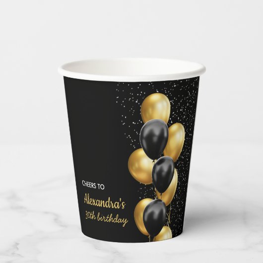 Gobelets En Papier Balloon Noir Or Chic À L'Anniversaire (Verso)