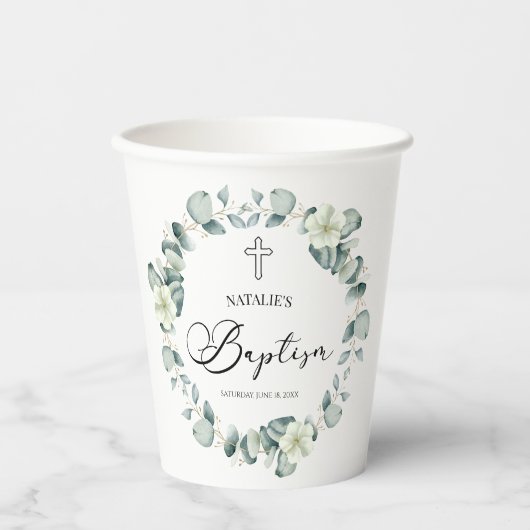 Gobelets En Papier Baptême botanique Feuille d'Eucalyptus vert (Recto)